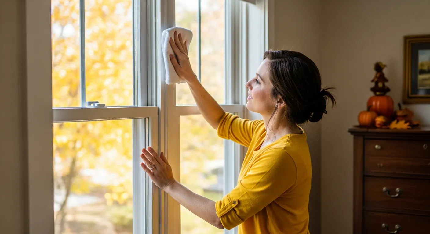 A Woman in a Bright Yellow Shirt Cleaning a Tilt-in Double-hung Window With a White Cloth