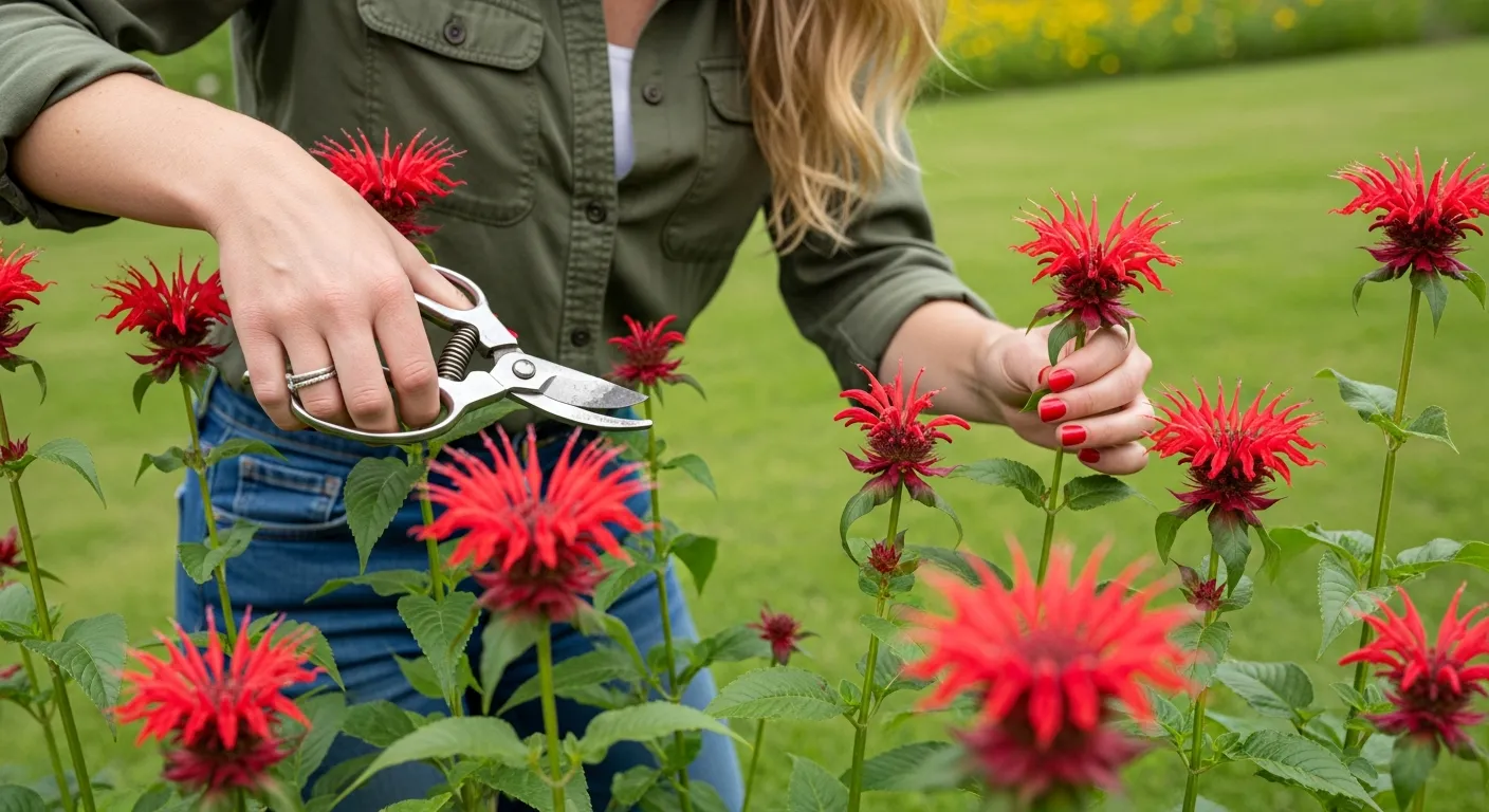 A Woman is Actively Engaged in Gardening, Specifically Harvesting Vibrant Red Bee Balm Flowers