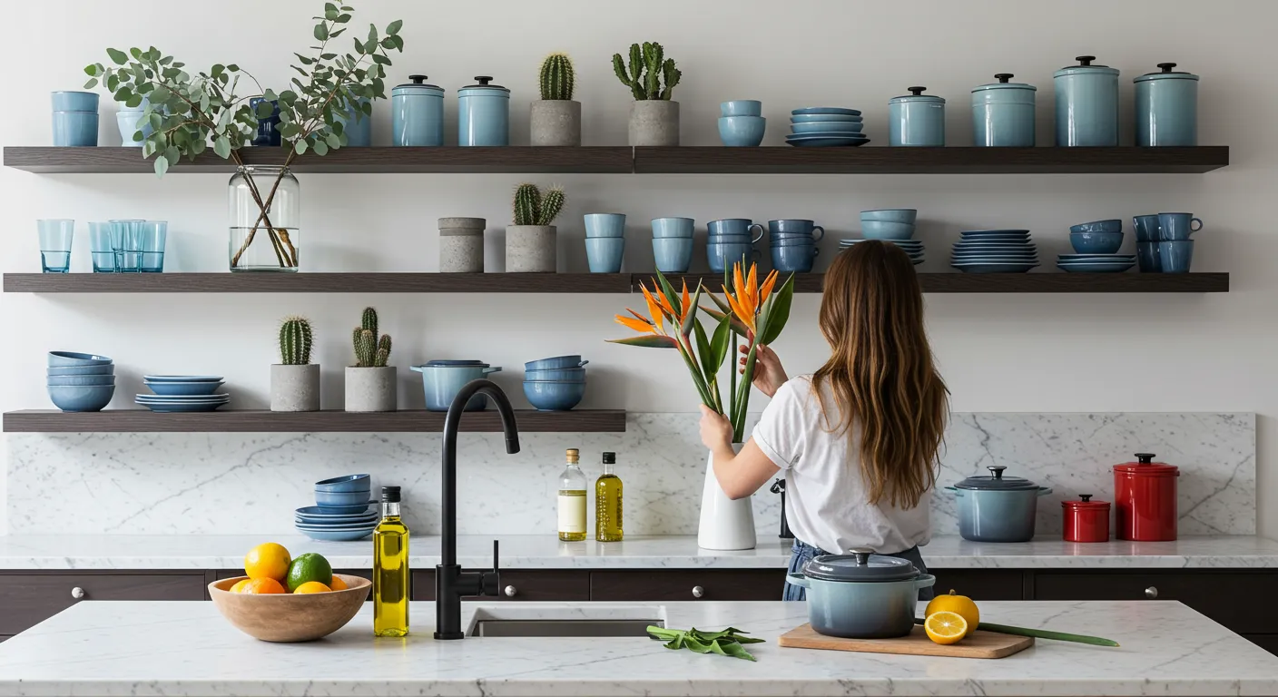 A Woman is Arranging Bird-of-Paradise Flowers in a White Vase A Woman is Arranging Bird-of-Paradise Flowers in a White Vase
