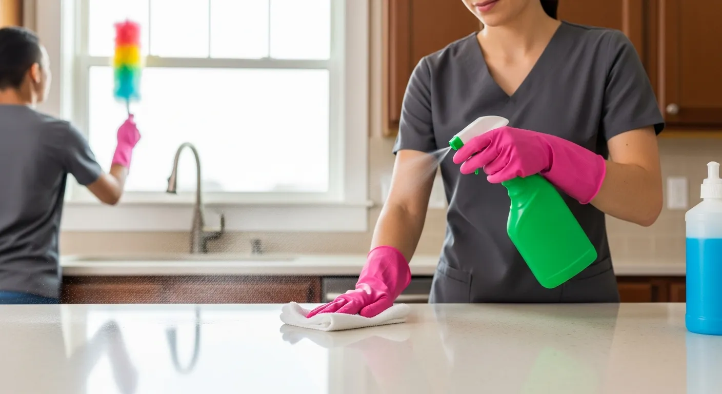 A Women Cleaning Kitchen Counter With Enzyme-Based Cleaners