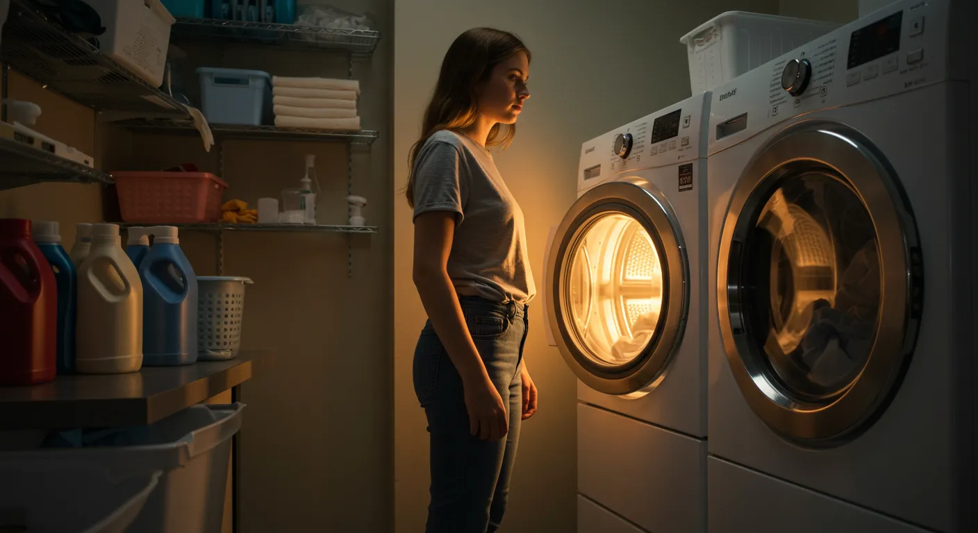A Women Standing in Front of a Dryer A Women Standing in Front of a Dryer