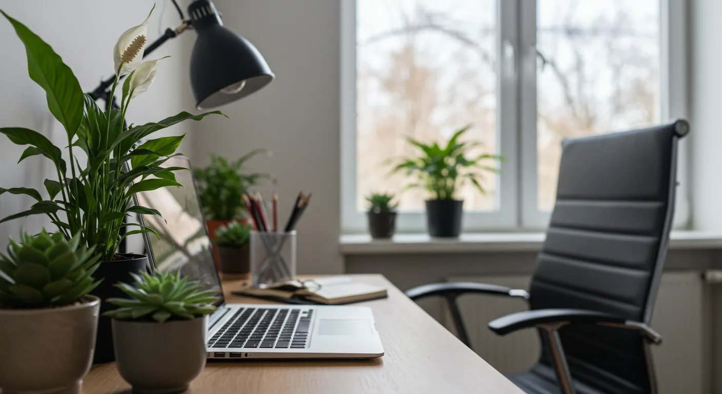 A Workplace Desk With Laptop, Succulents and Peace Lily A Workplace Desk With Laptop, Succulents and Peace Lily
