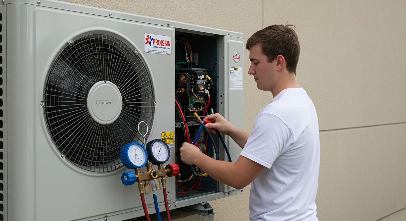 A Young Caucasian Maintenance Worker Working on a Large White HVAC A Young Caucasian Maintenance Worker Working on a Large White HVAC
