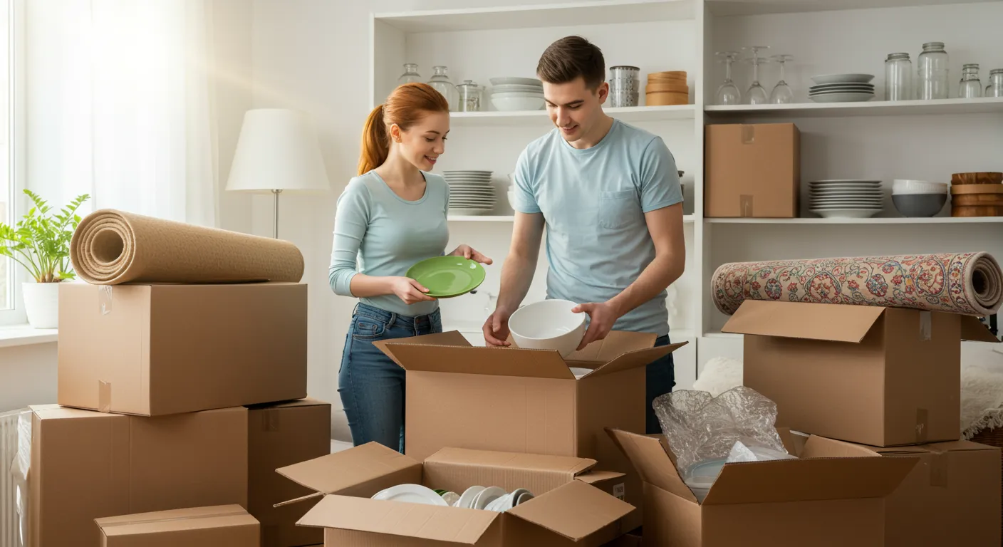A Young Couple Packing Moving Boxes A Young Couple Packing Moving Boxes