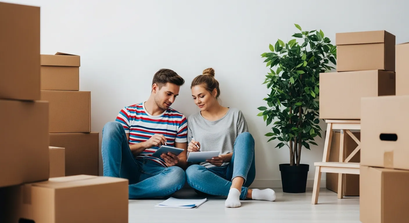 A Young Couple Sitting on a Light-colored Wooden Floor, Discussing About Movers Cost