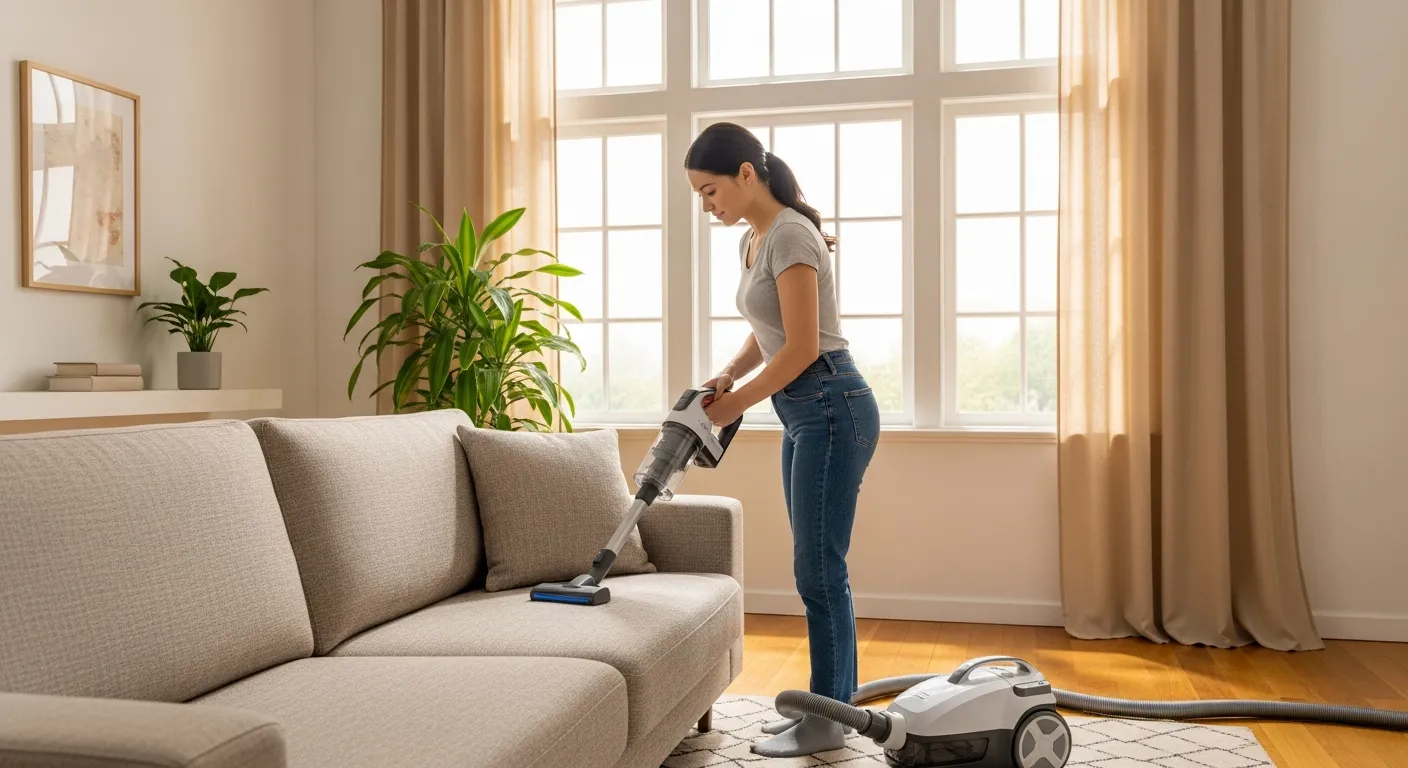 A Young Woman Meticulously Cleaning a Comfortable, Textured Light Beige Fabric Sofa
