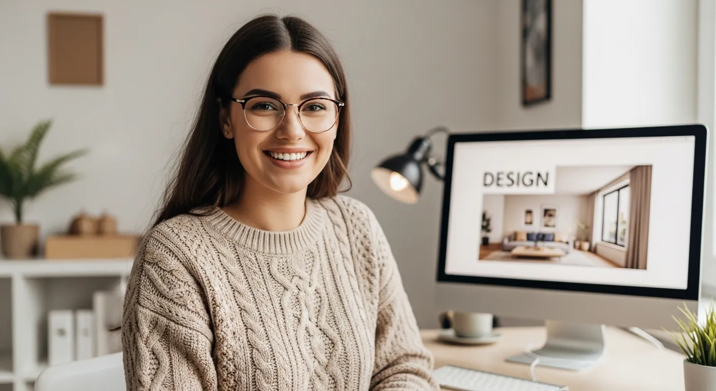 A Young Woman Seated at a Light Desk With a Computer Displaying Graphics of Room Interior