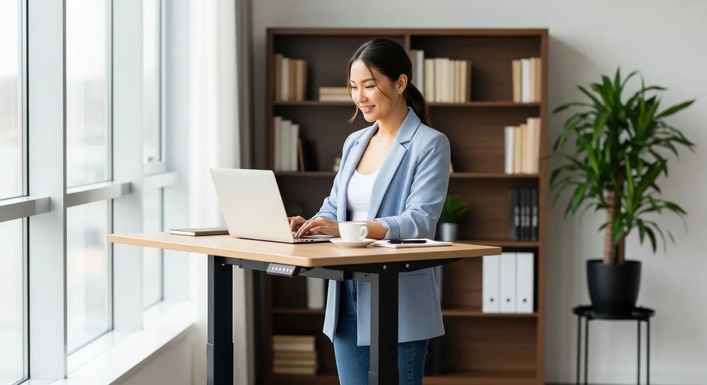 A Young Woman Standing at an Adjustable Height Desk While Working on a Laptop A Young Woman Standing at an Adjustable Height Desk While Working on a Laptop