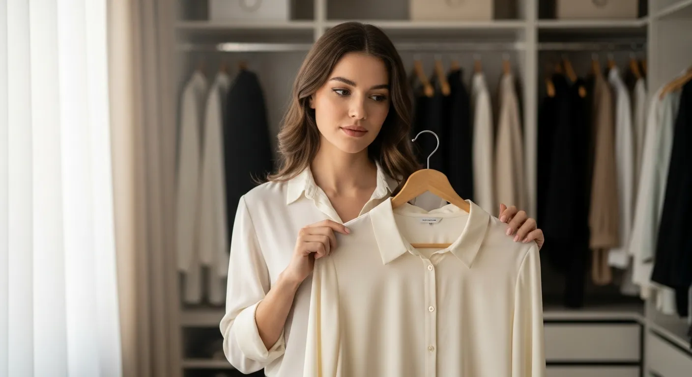 A Young Woman, Standing in Her Walk-in Closet Holding a Classic Cream Silk Blouse