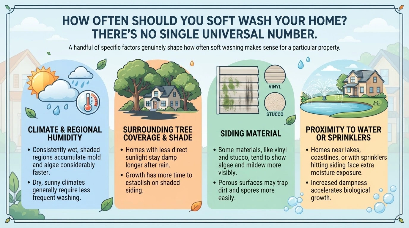 A handful of specific factors genuinely shape how often soft washing makes sense for a particular property