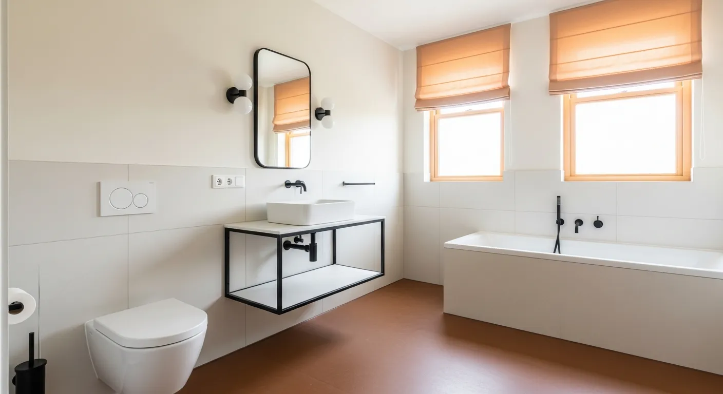 The Bathroom Features Light Cream-tiled Walls and a Brown Paint Floor