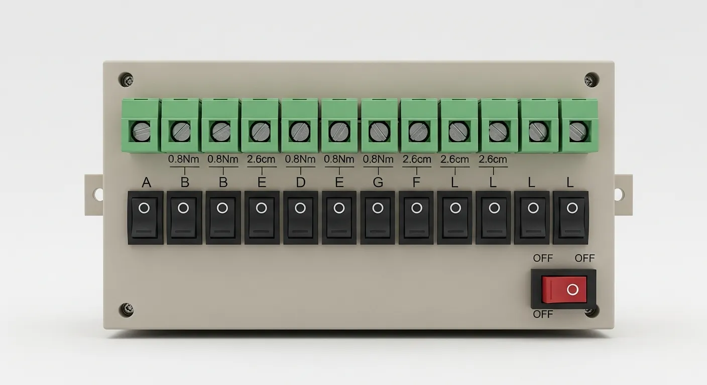 A Beige Modular Electrical Control Panel, Prominently Featuring Twelve Green Screw Terminals and Twelve Black Rocker Switches