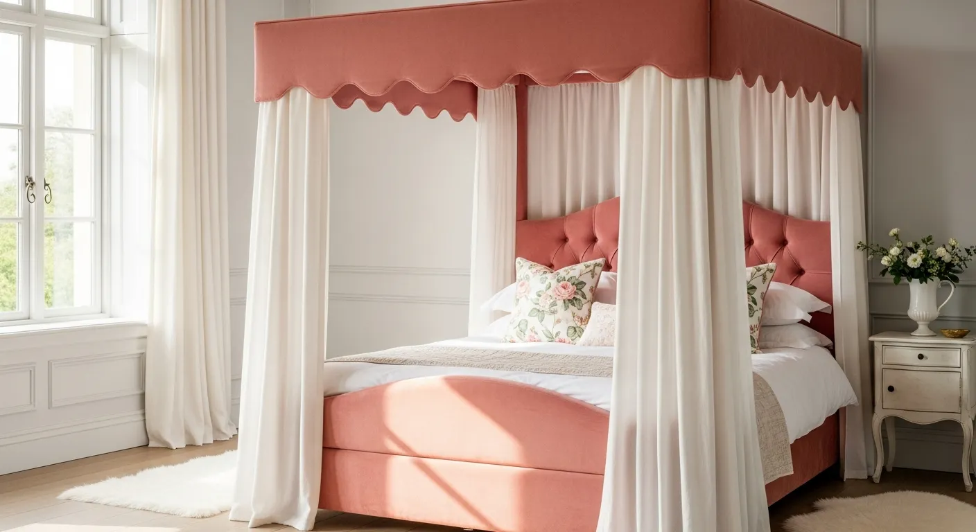 A Pink Velvet Canopy Bed With a Scalloped Salmon Pink Fabric With White Bedding and Floral Patterned Pillows