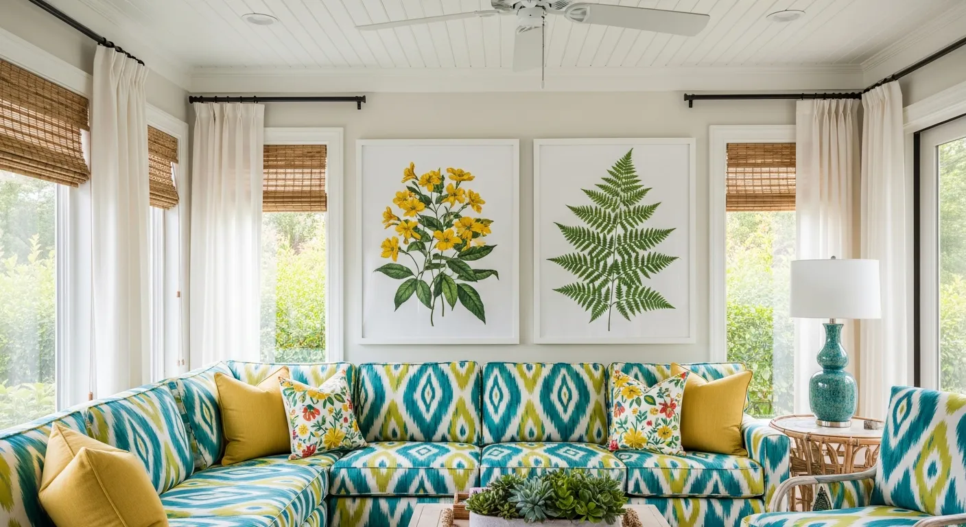 A Comfortable Sectional Sofa Upholstered in a Teal, Yellow, and White Ikat Pattern is Adorned With Colorful Throw Pillows