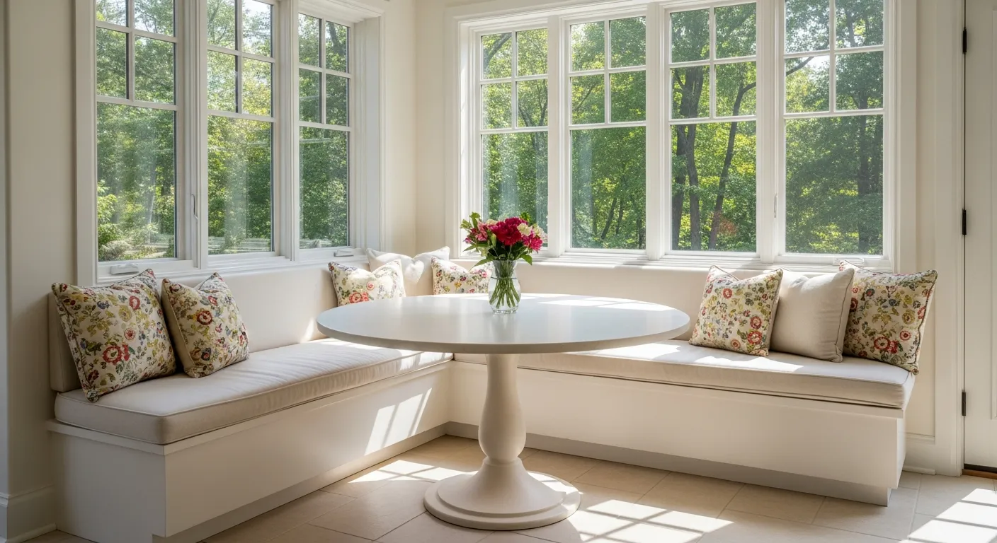 An L-shaped Built-in Banquette With Cream Cushions and Floral Throw Pillows