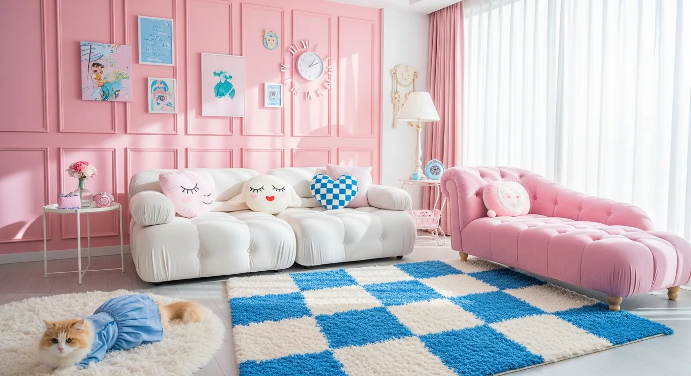 A Plush White Modular Sofa With Cute Pillows Including a Face Pillow and a Checkered Heart, a Pink Tufted Chaise Lounge