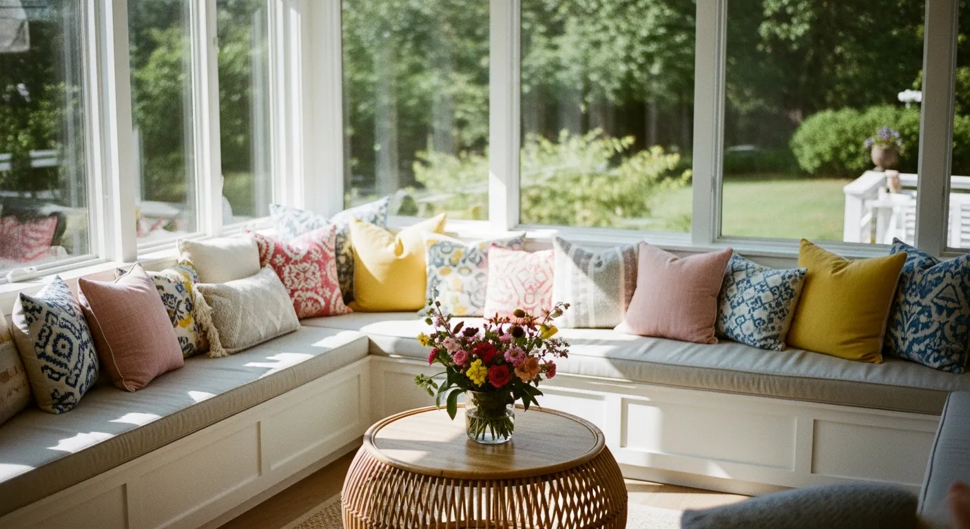 A U-shaped White Built-in Bench, Adorned With Vibrant and Pattern Pink, Yellow, and Blue Throw Pillows