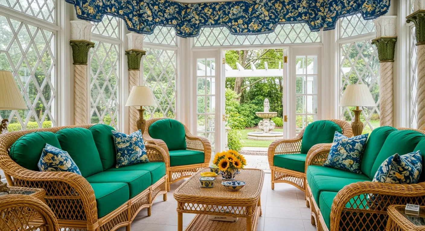 Intricate Diamond-paned Windows Topped With Blue Floral Valances, and Decorative Palm-frond Columns