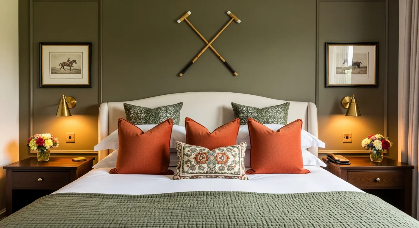 Dark Olive Green Walls Are Adorned With Two Crossed Brass-tipped Polo Mallets Centrally, Flanked by Two Pairs of Framed Equestrian Prints