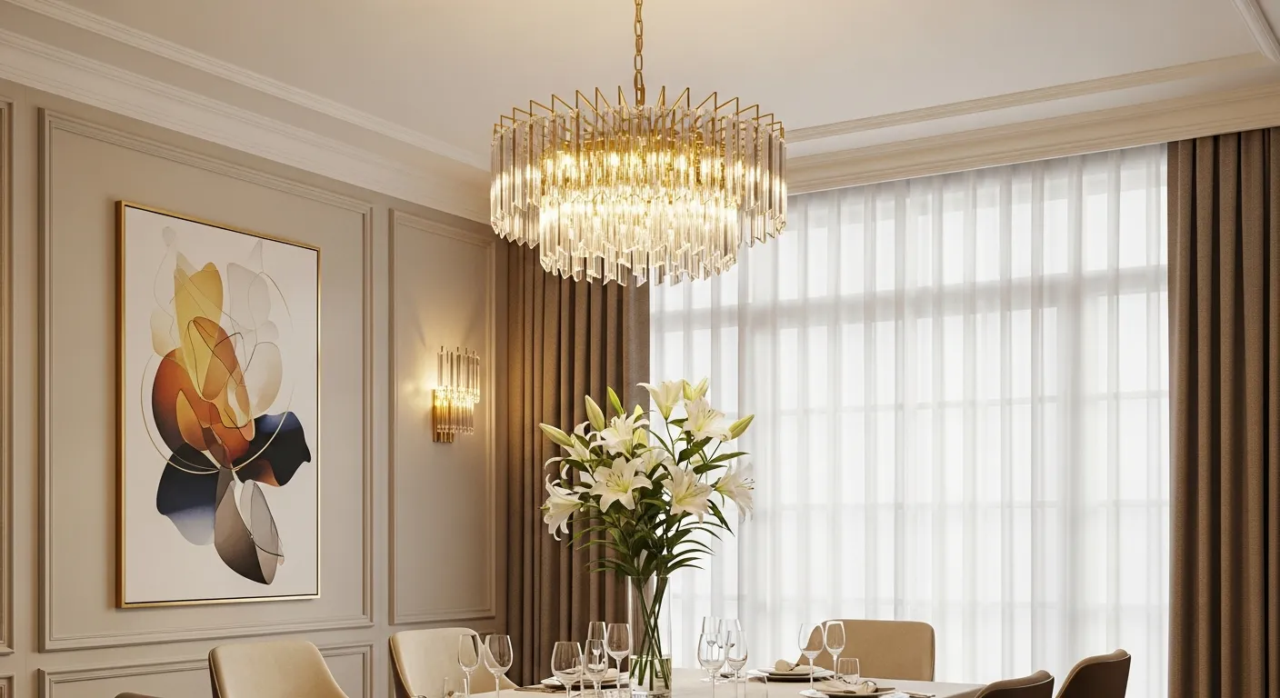A Shimmering Gold and Crystal Chandelier Hangs Center-frame Above an Elegantly Set Dining Table
