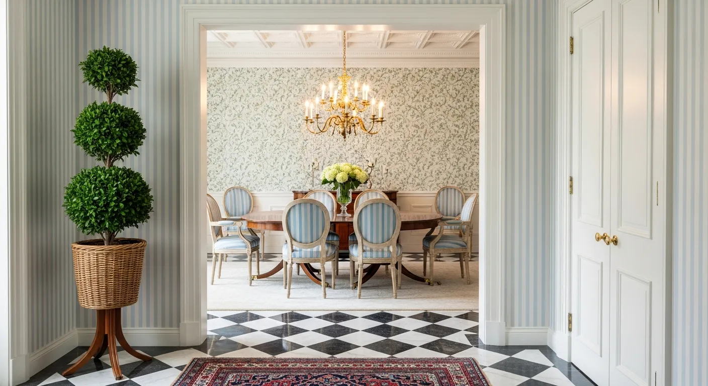 A Well-lit Hallway, Looking Through a Wide, White-framed Archway Into a Formal Dining Room