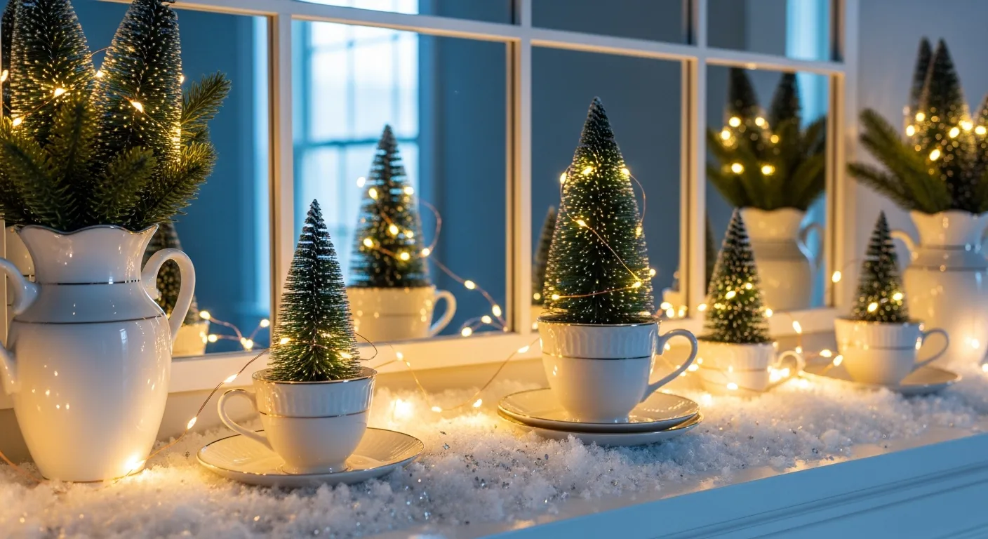  Christmas Trees in Elegant White Porcelain Teacups, Saucers, and Vases With Shimmering Gold Trim