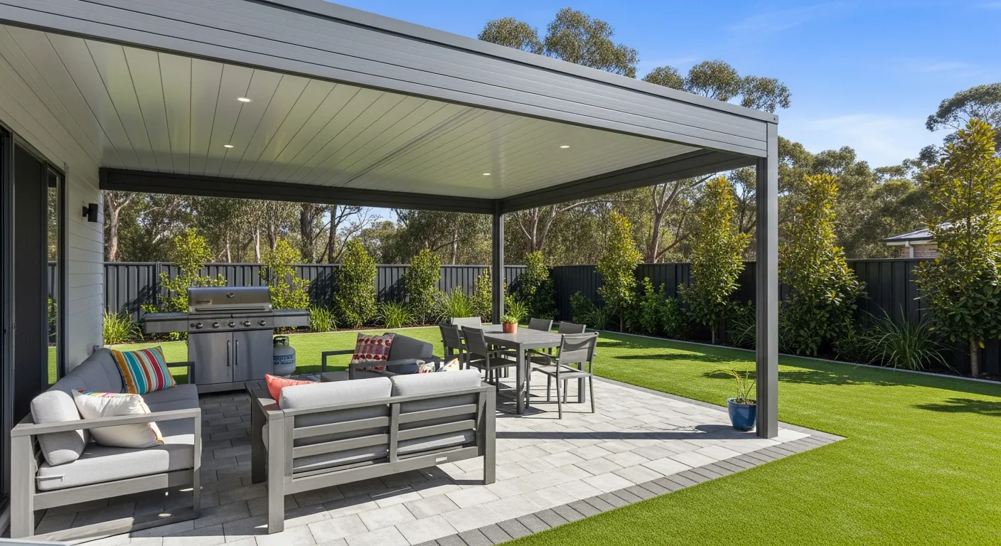 A Modern Outdoor Patio Under a Grey Insulated Flat-roof Pergola