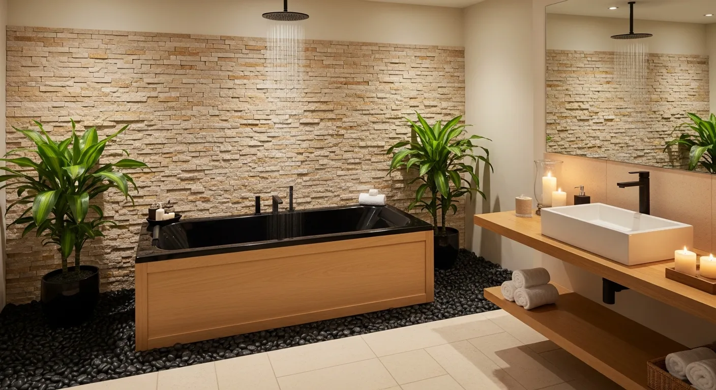 The Entire Back Wall,  is Clad in Horizontal, Natural Stacked Stone Tiles in Warm Beige and Light Brown Tones