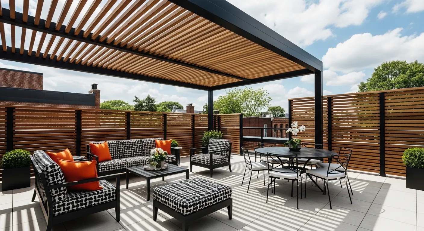 A Large Black Metal and Wooden Slat Pergola Overhead, Casting Dappled Sunlight