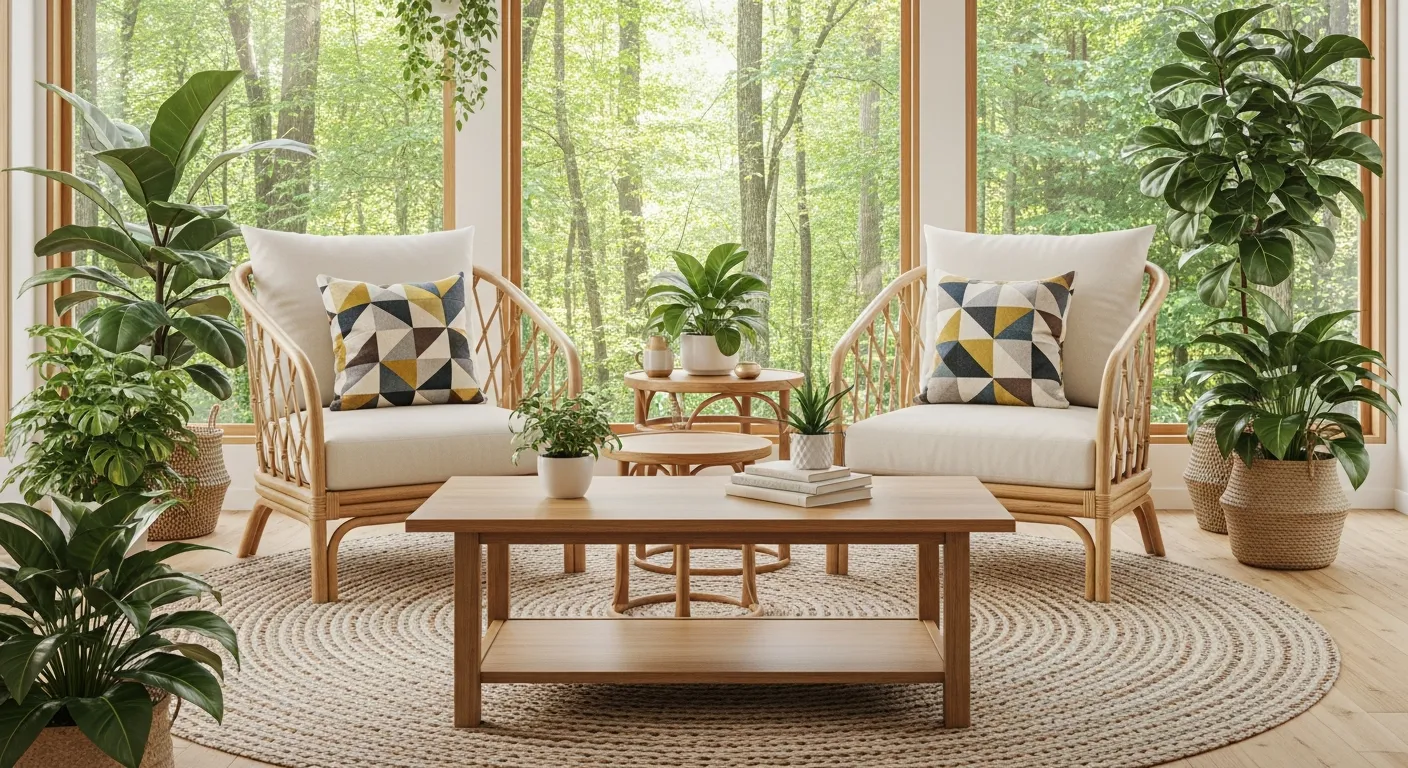 A Bright Sunroom With Two Natural Rattan Armchairs, Cream Cushions, and Geometric Throw Pillows