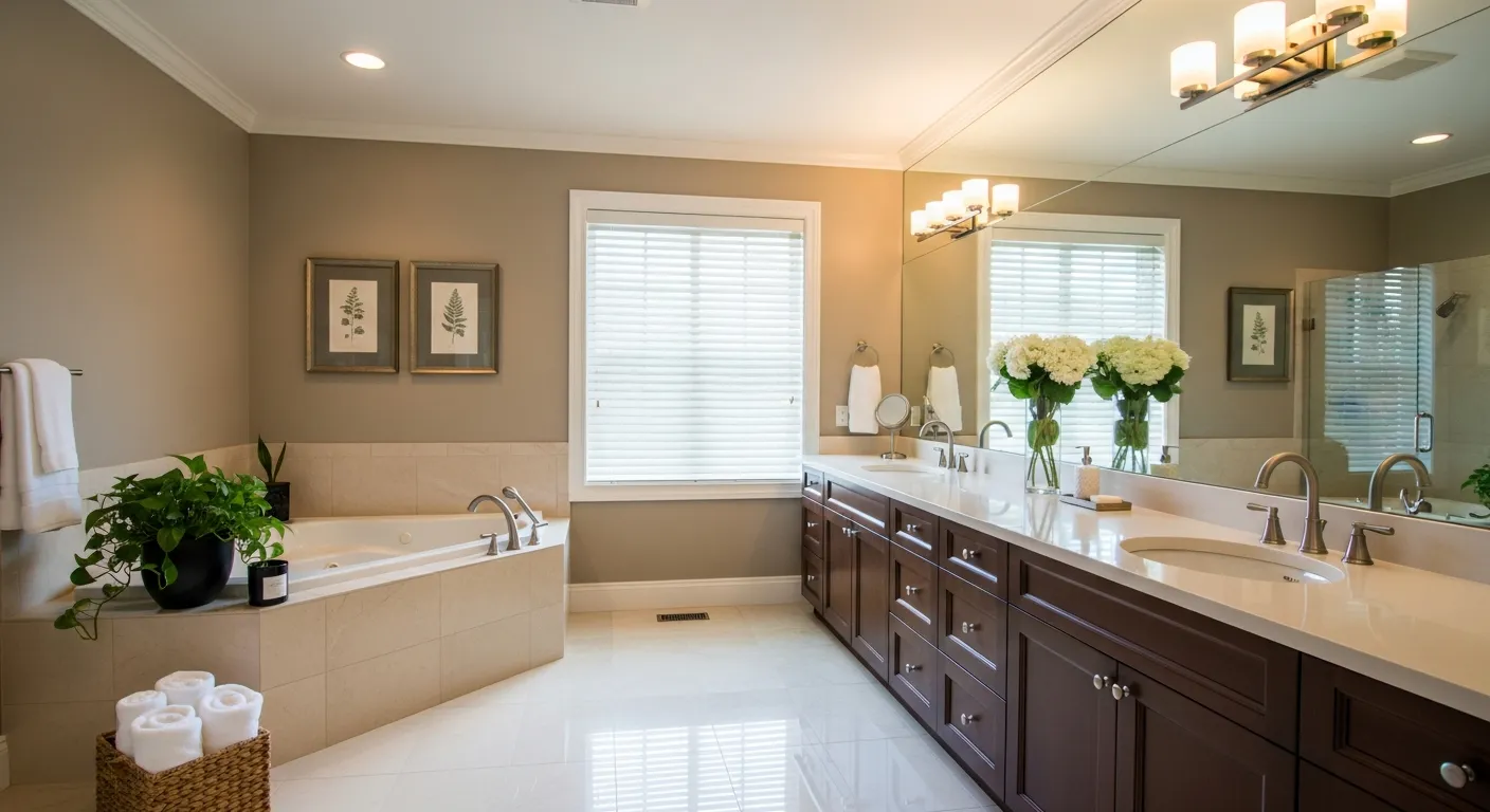 A Large, Built-in Corner Soaking Tub With a Polished Beige Tiled and a Long, Dark Espresso Brown Wooden Double Vanity With Classic Cabinetry 