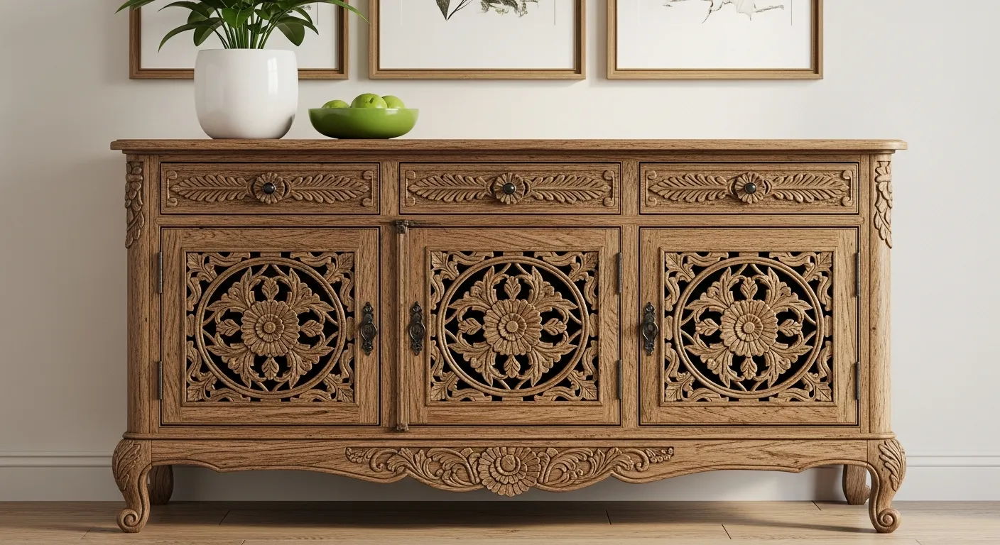 Three Carved Drawers and Three Matching Carved Openwork Cabinet Doors With Intricate Floral and Leaf Patterns