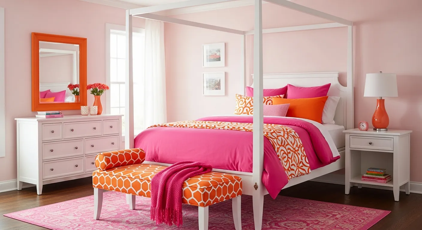 A White Bed With Hot Pink and Bright Orange Bedding and an Orange Patterned Bench and a Pink Throw