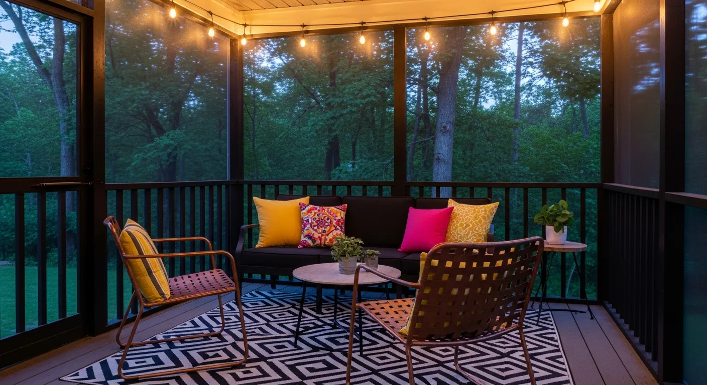 A Dark Sofa With Vibrant Yellow, Pink, and Patterned Pillows is Arranged With Two Copper-brown Patterned Metal Chairs