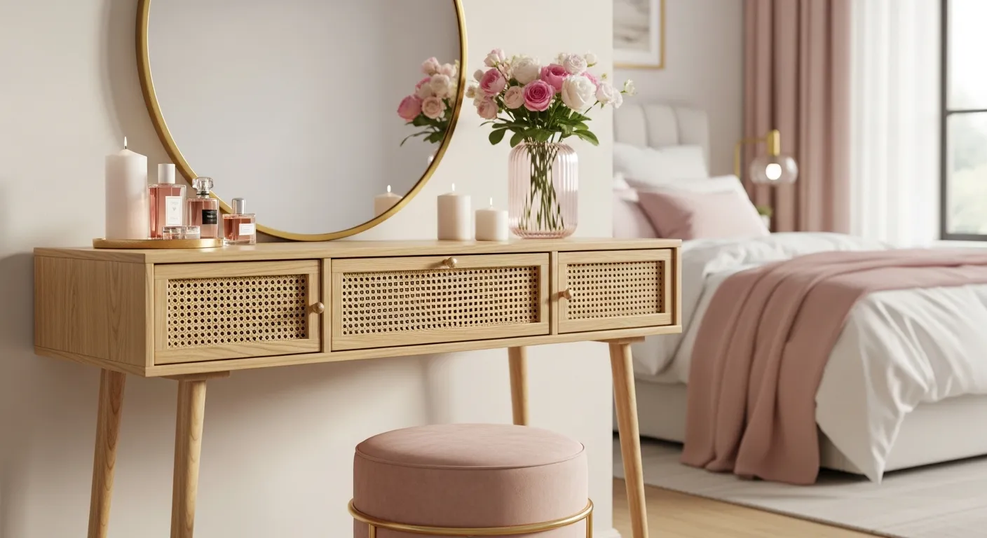 An Elegant, Light Wood Vanity Table With Cane Webbing Details, Featuring a Large Gold-framed Round Mirror