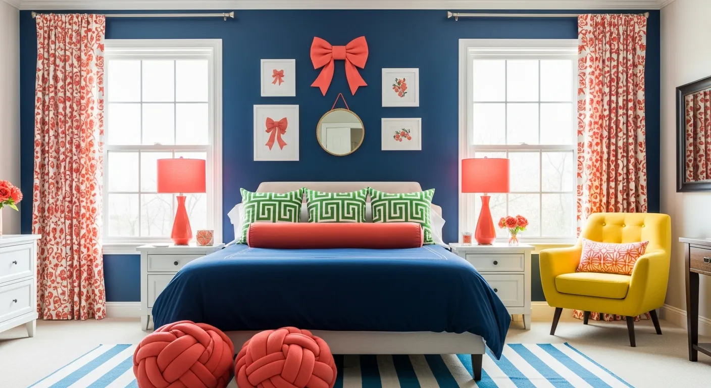 A Vibrant and Cozy Bedroom, Featuring a Centered Bed With Navy Blue Duvet, Green Geometric Pillows, and a Coral Bolster