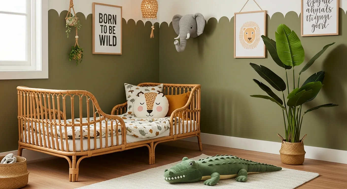 A Natural Rattan Toddler Bed With an Animal-face Pillow and Patterned Duvet, a Plush Green Crocodile Toy on a Light Rug
