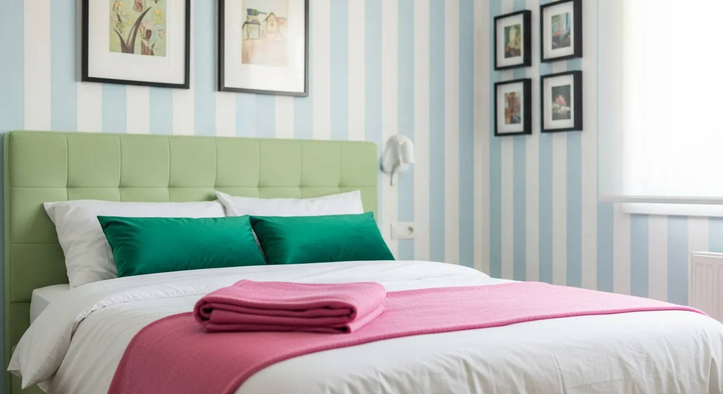 A Light Green Padded Headboard and White Bedding and Walls Are Decorated With Light Blue and White Vertical Stripes
