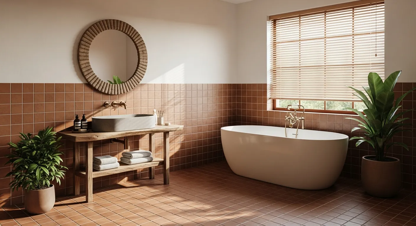 Walls and the Entire Floor Are Covered in Rich, Earthy Terracotta Square Tiles, Laid in a Precise Grid Pattern