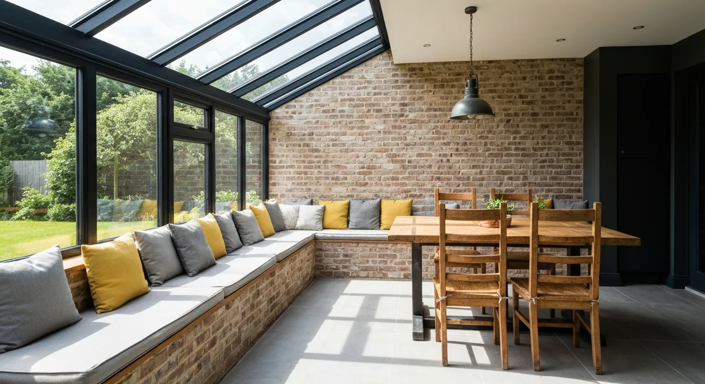 A Long Built-in Bench With Light Grey Cushions and Assorted Grey and Yellow Throw Pillows
