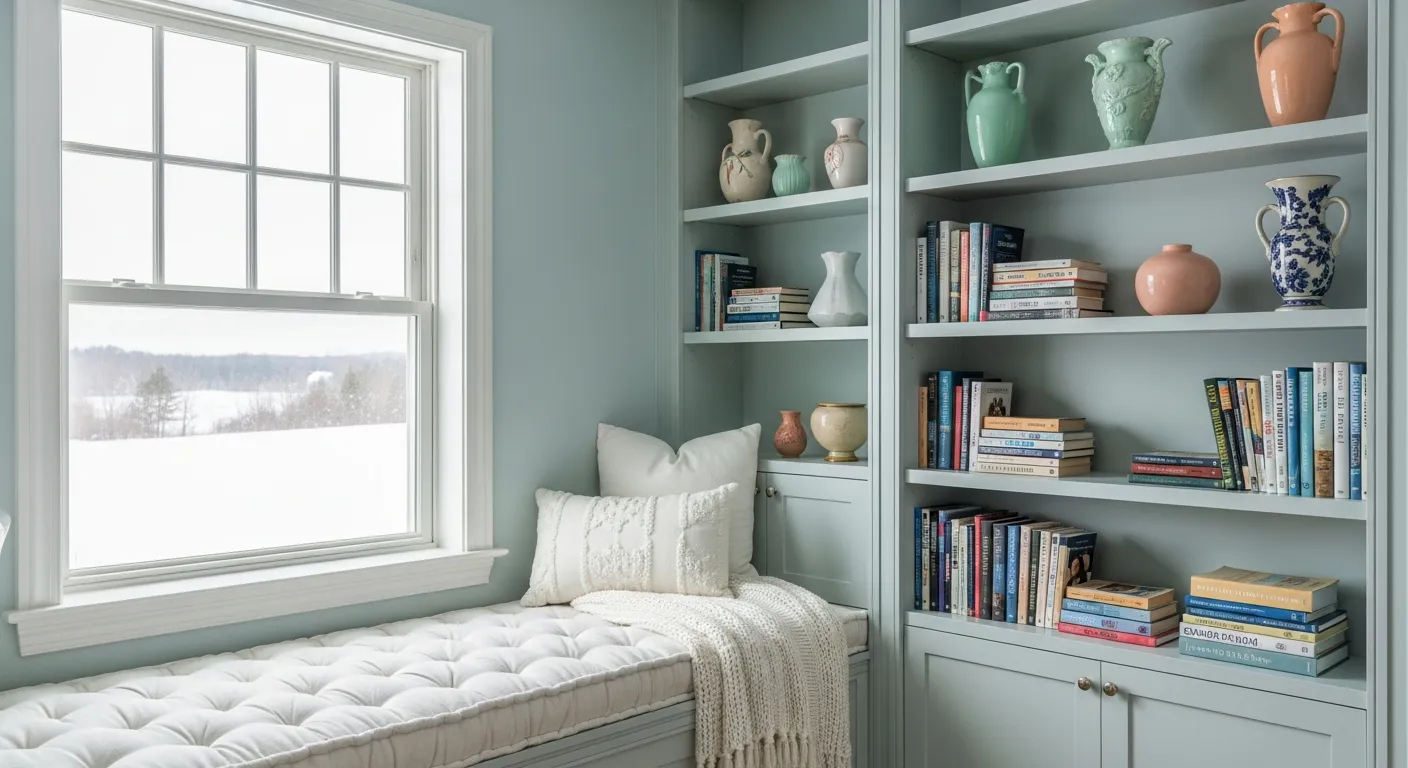 A Cozy Window Seat Reading Nook in a Light Blue-green Room