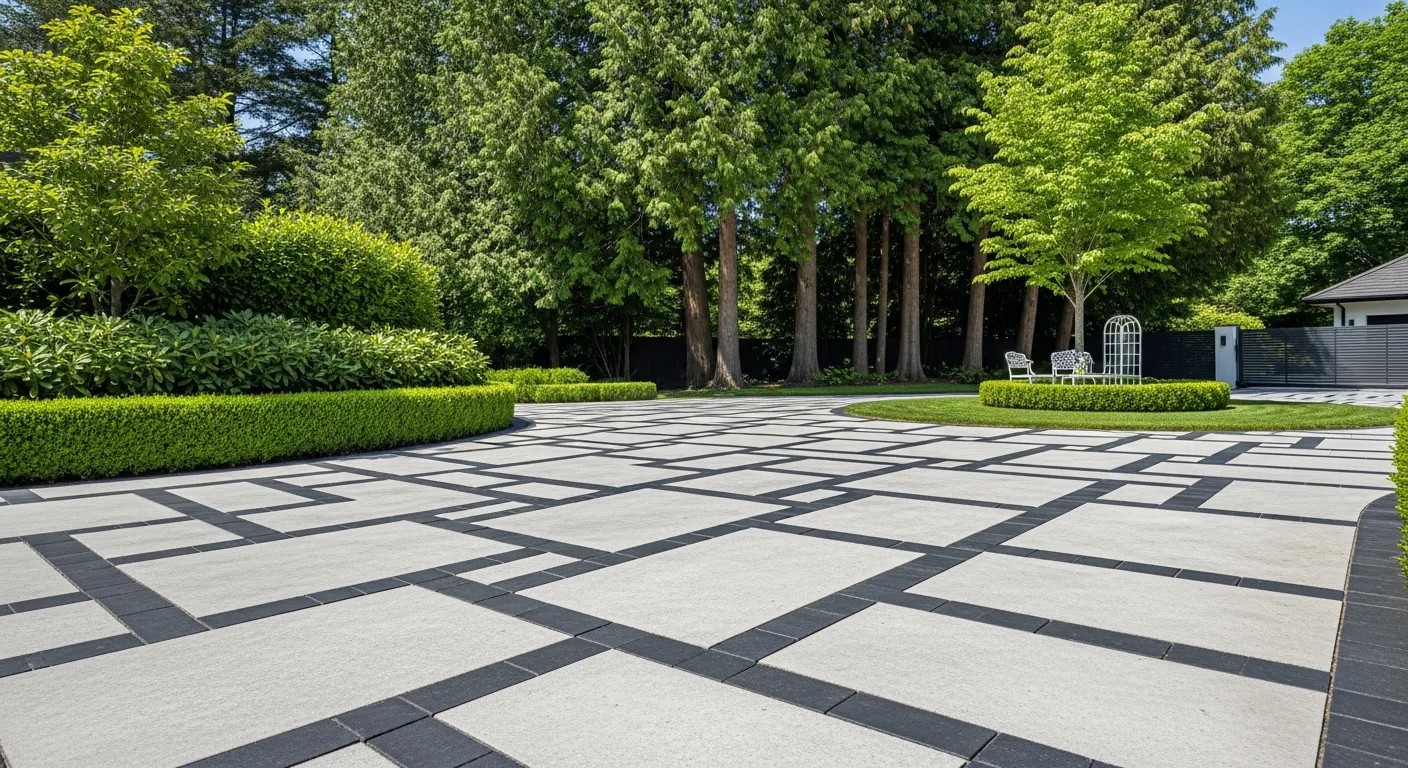 Large, Irregularly Shaped, Light Grey Concrete or Stone Pavers, Each Separated by Deep, Dark Charcoal Grey Grout