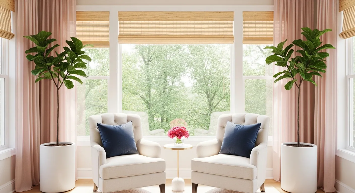Two Cream Upholstered Armchairs With Dark Blue Pillows Face a Large Window Displaying Lush Green Trees