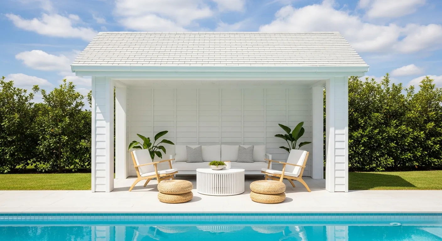 A Modern White Gabled Outdoor Cabana Beside a Sparkling Swimming Pool