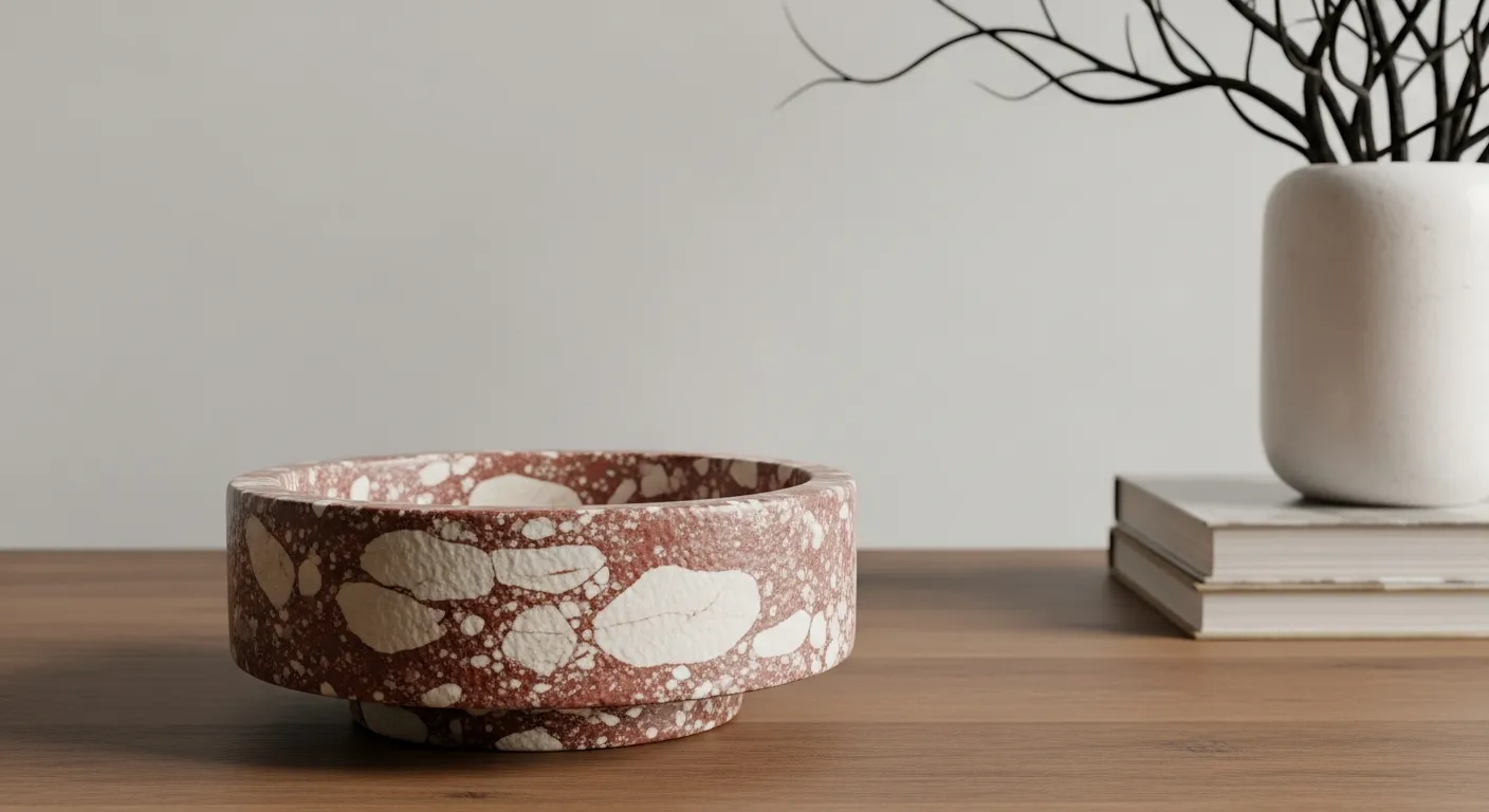 A Rustic, Textured Circular Decorative Marble Footed Bowl, Made of Mottled Reddish-brown and Off-white Marble