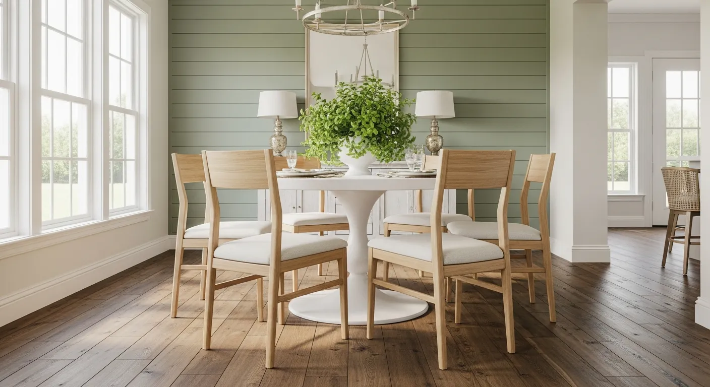 A Round White Pedestal Dining Table Surrounded by Light Natural Wood Chairs 