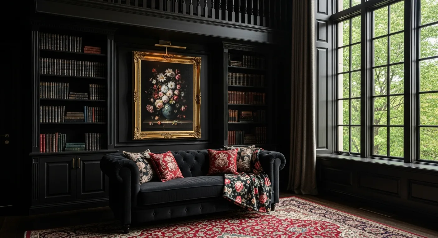 A Plush Black Tufted Velvet Chesterfield Sofa, Adorned With Ornate Red and Floral Pillows and a Floral Throw Blanket