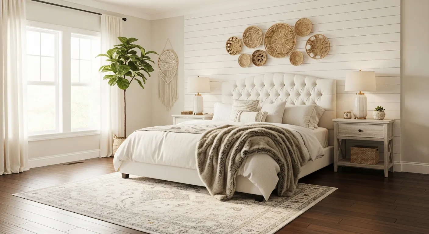 A Bed With a Tufted White Headboard, Soft Cream Bedding, and a Luxurious Faux Fur Throw