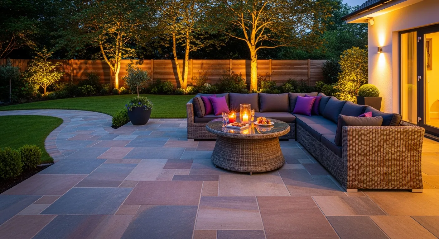 The Patio Floor is Made of Large, Multi-toned Terracotta and Grey Paving Tiles