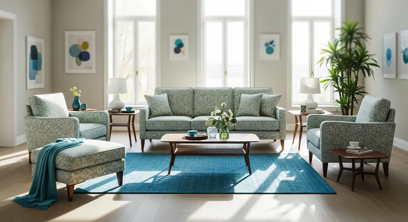 Light Blue and Green Patterned Furniture Including a Sofa, Armchairs, and Ottoman, Arranged on a Vibrant Blue Rug